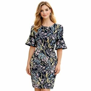 Calvin Klein dress 4 black florals flutter sleeve corporate girlie wedding quest
